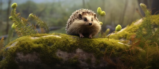 Hedgehog on a Mossy Rock in a Misty Forest