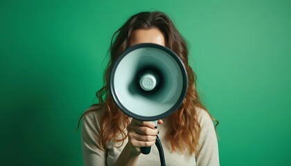 Fototapeta premium woman with a megaphone obscuring his face 