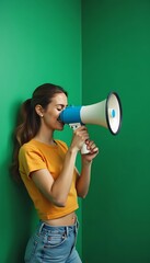 woman with a megaphone obscuring his face
