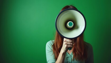 woman with a megaphone obscuring his face

