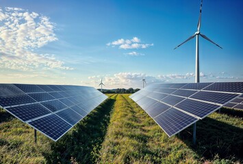 Solar Panels. Solar panels and wind turbines in a field.