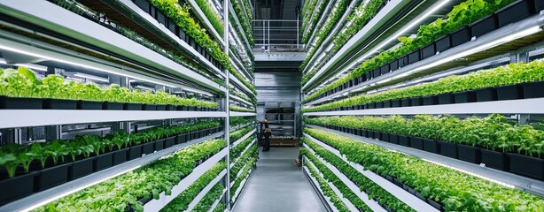 Vertical Farming: A futuristic vision of sustainable agriculture, showcasing rows of flourishing plants in a controlled environment. The image captures the essence of vertical farming.