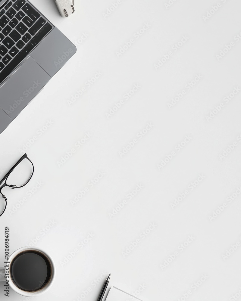 Fototapete flat lay of modern office desk – a tidy, minimalist workspace with a laptop, coffee cup, and station
