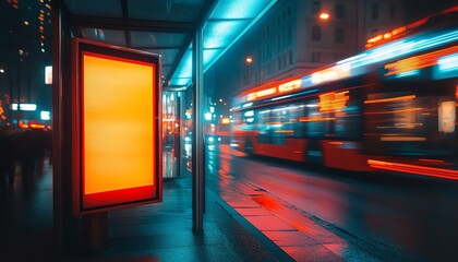 Vibrant urban bus stop at night with blurred motion, showcasing colorful lights and an empty advertisement space.