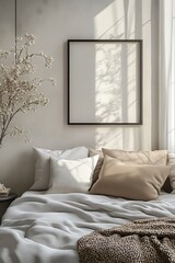 A tranquil bedroom scene featuring neutral colors, soft pillows, and natural light casting shadows on the wall.