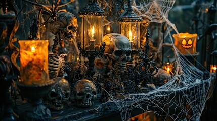 A collection of Halloween-themed props, featuring bats, spider webs, and skeletons. These decorations create a spooky atmosphere perfect for Halloween festivities