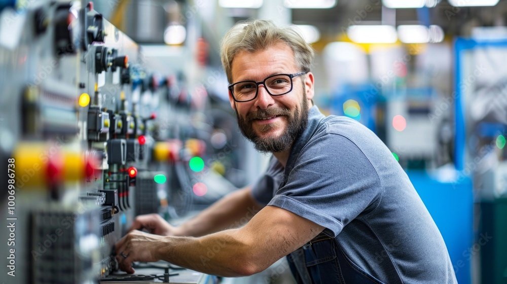 Poster A man is smiling and working on a computer
