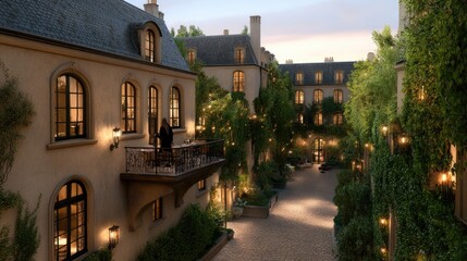 Under the soft glow of street lamps, a woman sits on the window sill of her Paris apartment, gazing thoughtfully into the nighttime streets below