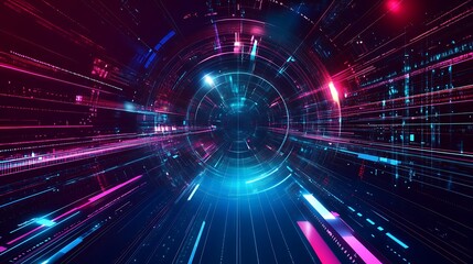 Obraz premium Abstract futuristic digital tunnel with glowing neon lights and data streams.
