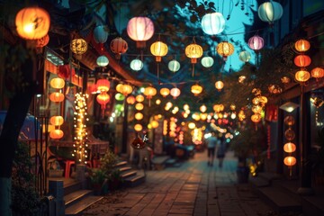 Fototapeta premium Enchanting mid autumn festival in china lantern lit on city street at night