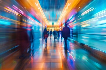 Energetic scene of a corporate hallway with blurred motion
