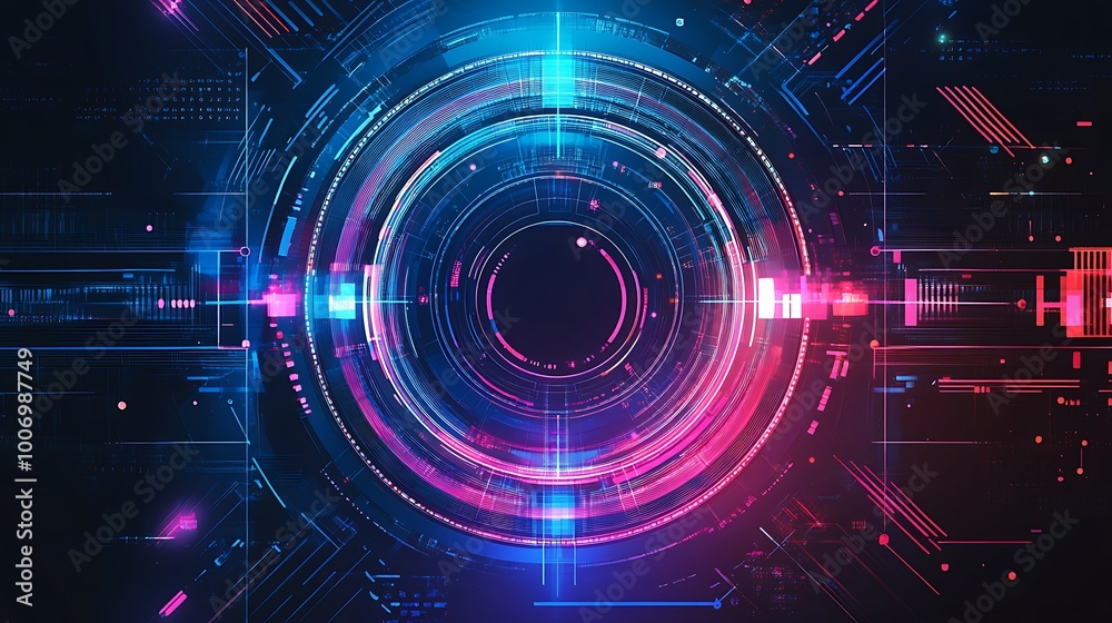 Poster Abstract futuristic digital interface with glowing neon lights and a central circle surrounded by lines and data patterns.