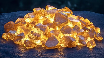 Obraz premium A pile of gold nuggets, rough and unrefined, glowing against a dark surface, gold nuggets, natural wealth