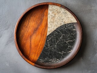 top view photo of empty unusual stone and wood bowl, plate 
