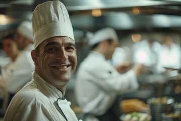 Fototapeta premium Portrait of a smiling chef in busy restaurant