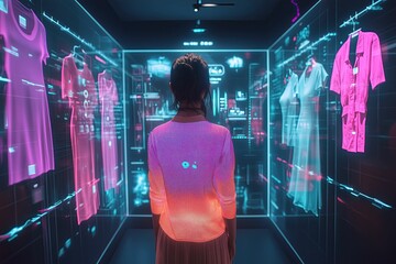 Virtual fitting room with holographic outfits