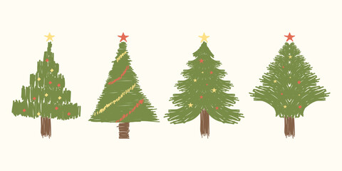 Fototapeta premium Collection christmas tree hand drawn. Merry Christmas celebrate festival. Design for paper, vector illustration, fabric, textile, gift, greeting cards.