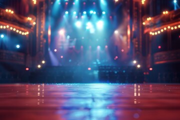 Fototapeta premium Soft focused perspective capturing the energy of a concert hall with blurred stage and vibrant lighting