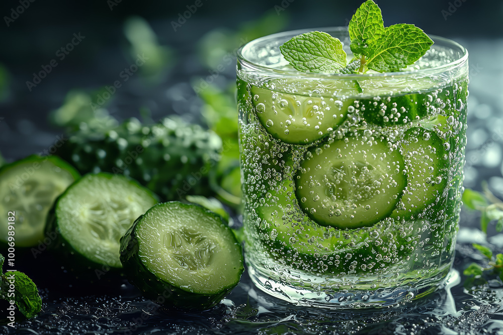 Wall mural A close-up of a refreshing cucumber and mint water in a glass, promoting hydration and health.