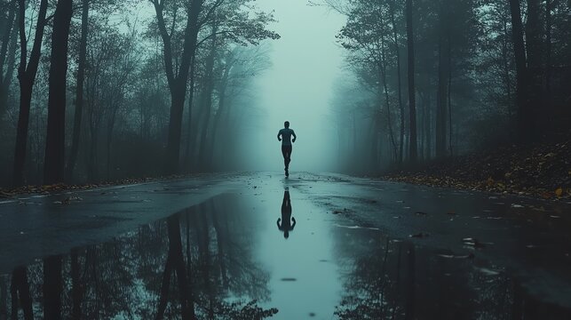 A solitary runner navigates a foggy forest path, reflecting determination and serenity amidst nature's quiet ambiance.