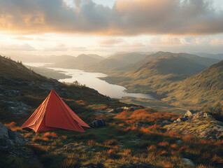 Obraz premium Tent at the Edge of a Cliff Overlooking Valley at Sunset