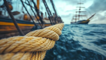 Obraz premium Close-up of a thick rope secured to a ship, with a blurred tall ship in the background against a dramatic seascape.