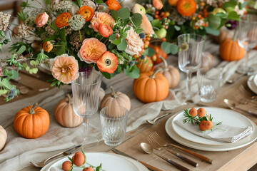 Beautiful tablescape setup for thanksgiving day in restaurant.