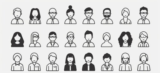30 minimalistic vector icons in a set of business people, a web monoline icon set with thick black outlines and a white background, using a single color background, in a modern solid style with single