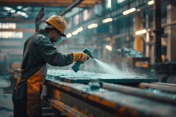 Factory worker applying paint with spray gun industrial manufacturing process