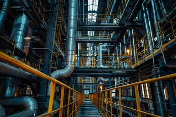 Interior of a modern industrial building with metal structures and yellow markings