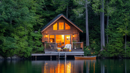 Fototapeta premium Romantic Lakeside Cabin at Sunset