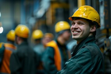 Portrait of a smiling factory worker in a group of coworkers