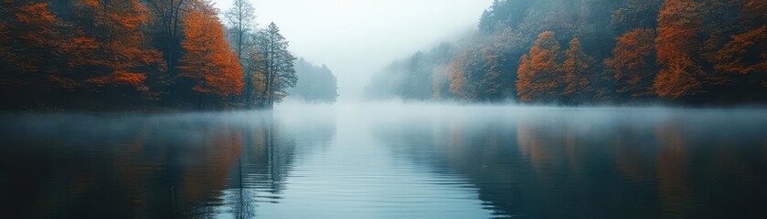 Fototapeta premium Fog rising over a calm lake surrounded by autumn trees, fog in nature, serene water landscape wrapped in mist