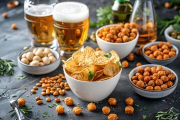 Salty beer snacks in white bowls