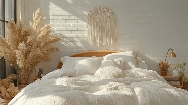 This boho-style bedroom features a stylish bed adorned with pillows and blankets, complemented by natural light, soft colors, and decorative macrame for a cozy vibe