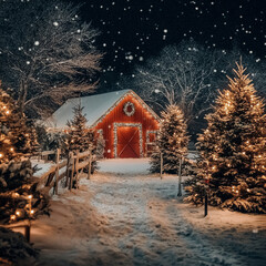 Enchanting Christmas tree farm with cozy red barn, surrounded by snow covered trees adorned with twinkling lights, creating magical winter scene