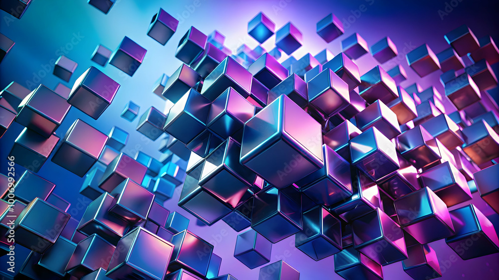 Poster metallic cube swarm: abstract 3d rendering of a dynamic cluster of metallic cubes in vibrant purple 