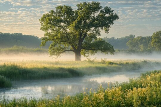 Fog hanging low over a quiet meadow, fog in nature, soft light illuminating the mist-covered landscape, creating a serene atmosphere.
