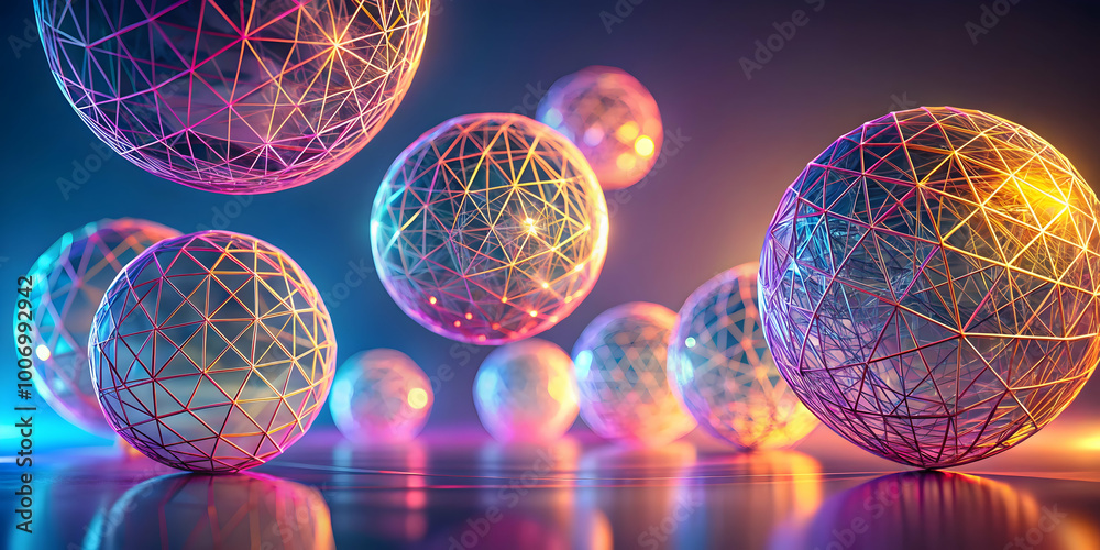 Poster interconnected spheres: a mesmerizing abstract concept with vibrant, illuminated spheres interconnec