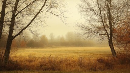 Fototapeta premium A serene autumn scene enveloped in mist, featuring bare trees and a field of golden grass under a soft, diffused light.