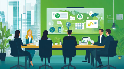 Corporate boardroom meeting focused on greening the supply chain, with diagrams showing energy-efficient logistics and waste reduction strategies