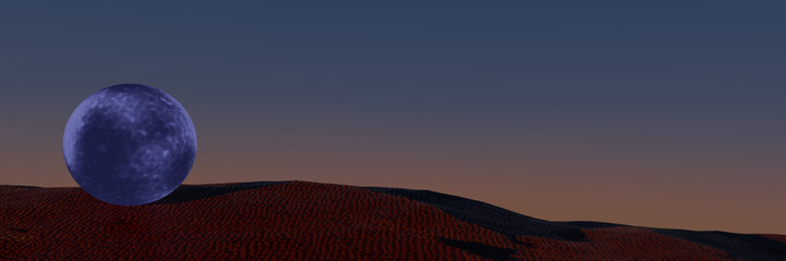 A large, glowing moon over a serene landscape at dusk, creating a tranquil atmosphere. 3d rendering
