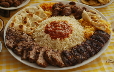 Rice and Meat with Pita Bread and Tomato Sauce on White Dish