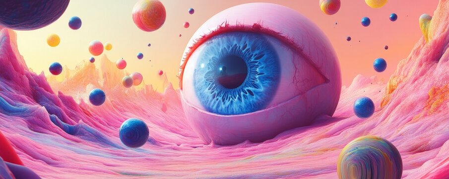 Surreal landscape with floating spheres and giant blue eye, vibrant colors. Imagination and creativity concept