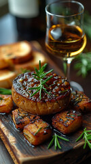 Foie gras with a glass ampoule of white wine and rosemary jelly served on a rustic wooden board, accompanied by a sprig of fresh rosemary and a small side of toasted brioche