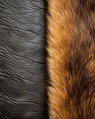 Textures of black leather and brown fur contrasting against each other in a close-up shot highlighting their unique patterns. Generative AI