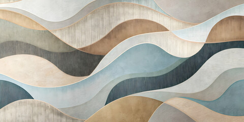 Abstract Waves: A modern, minimalist abstract art design featuring a dynamic composition of layered waves in cool and warm earth tones. The smooth.