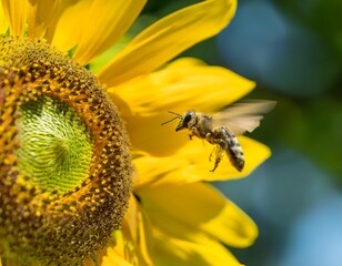 macro shot of a bee flying towards a sunflower