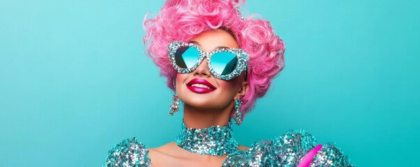 Drag performer in a sparkling outfit, confident pose, vibrant colors, symbolizing self-expression