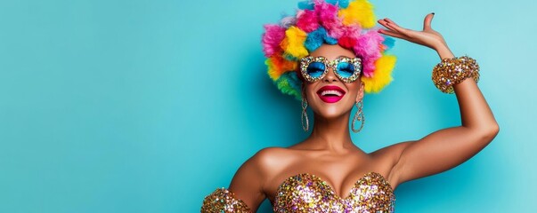 Drag performer in a sparkling outfit, confident pose, vibrant colors, symbolizing self-expression